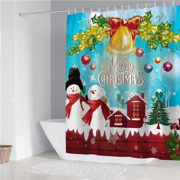 4Pcs Christmas Snowman Shower Curtain Sets Winter Jingle Bell Bathroom Set - Picture 6 of 7